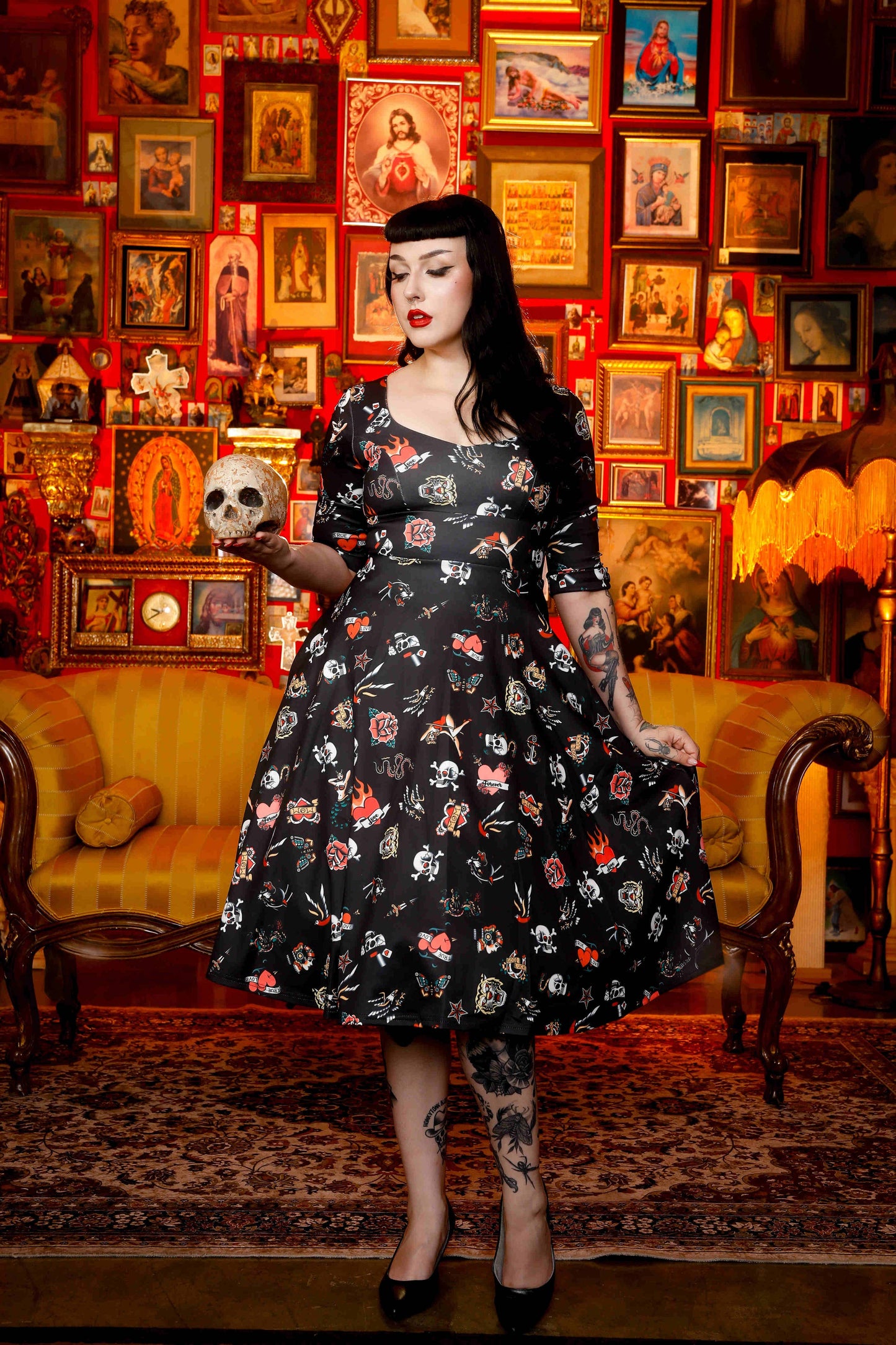 Debra Long Sleeves Stretchy Dress Black with Tattoo Print