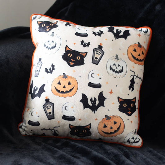 Square Spooky Cat and Pumpkin Halloween Print Cushion