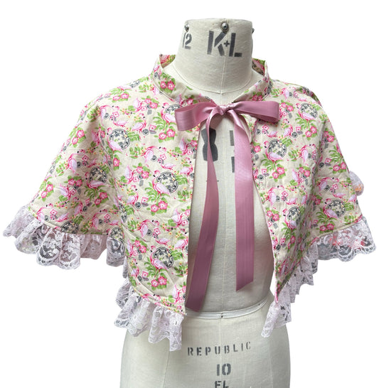“Miriam” Capelet with lace in flamingo postcard print