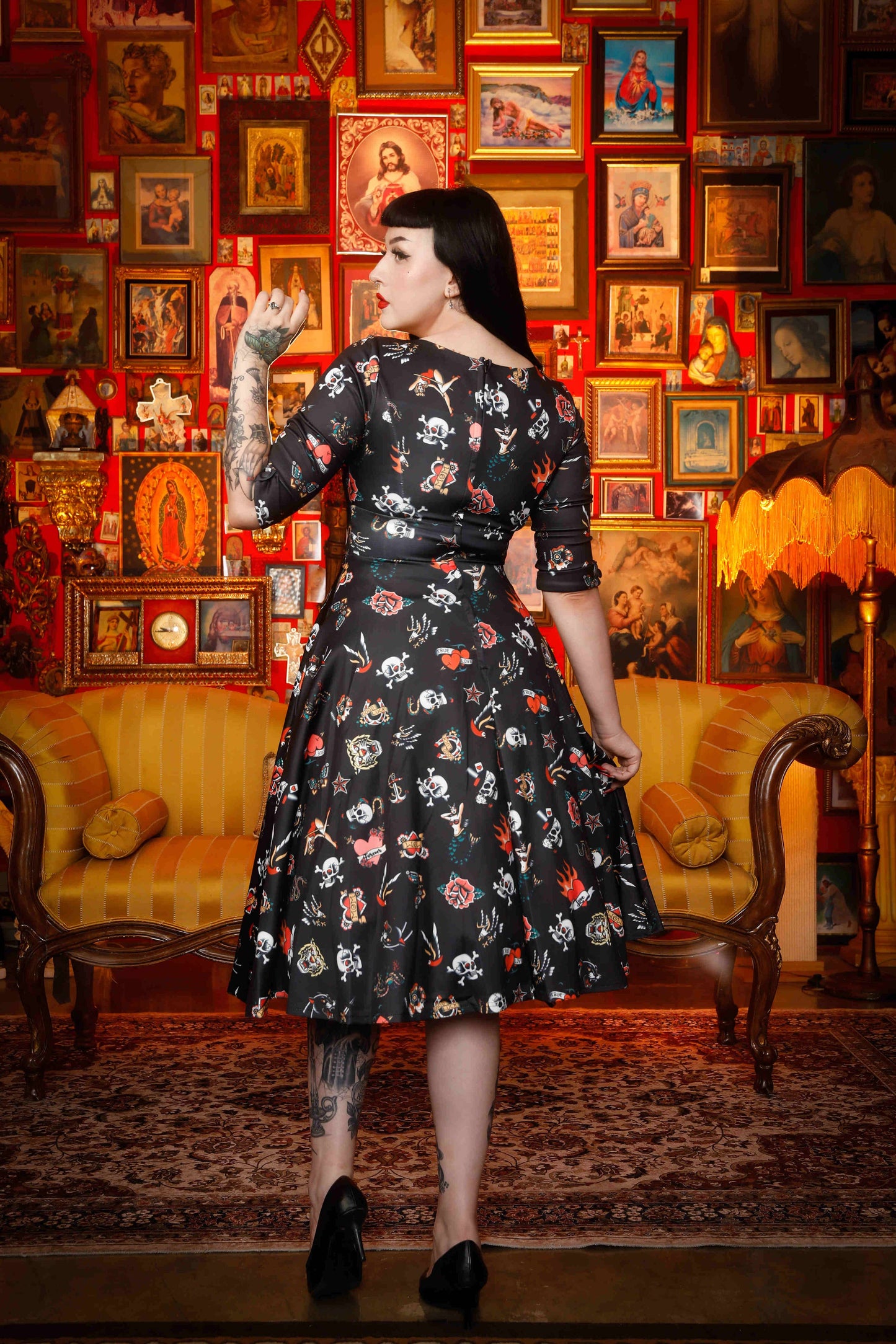 Debra Long Sleeves Stretchy Dress Black with Tattoo Print