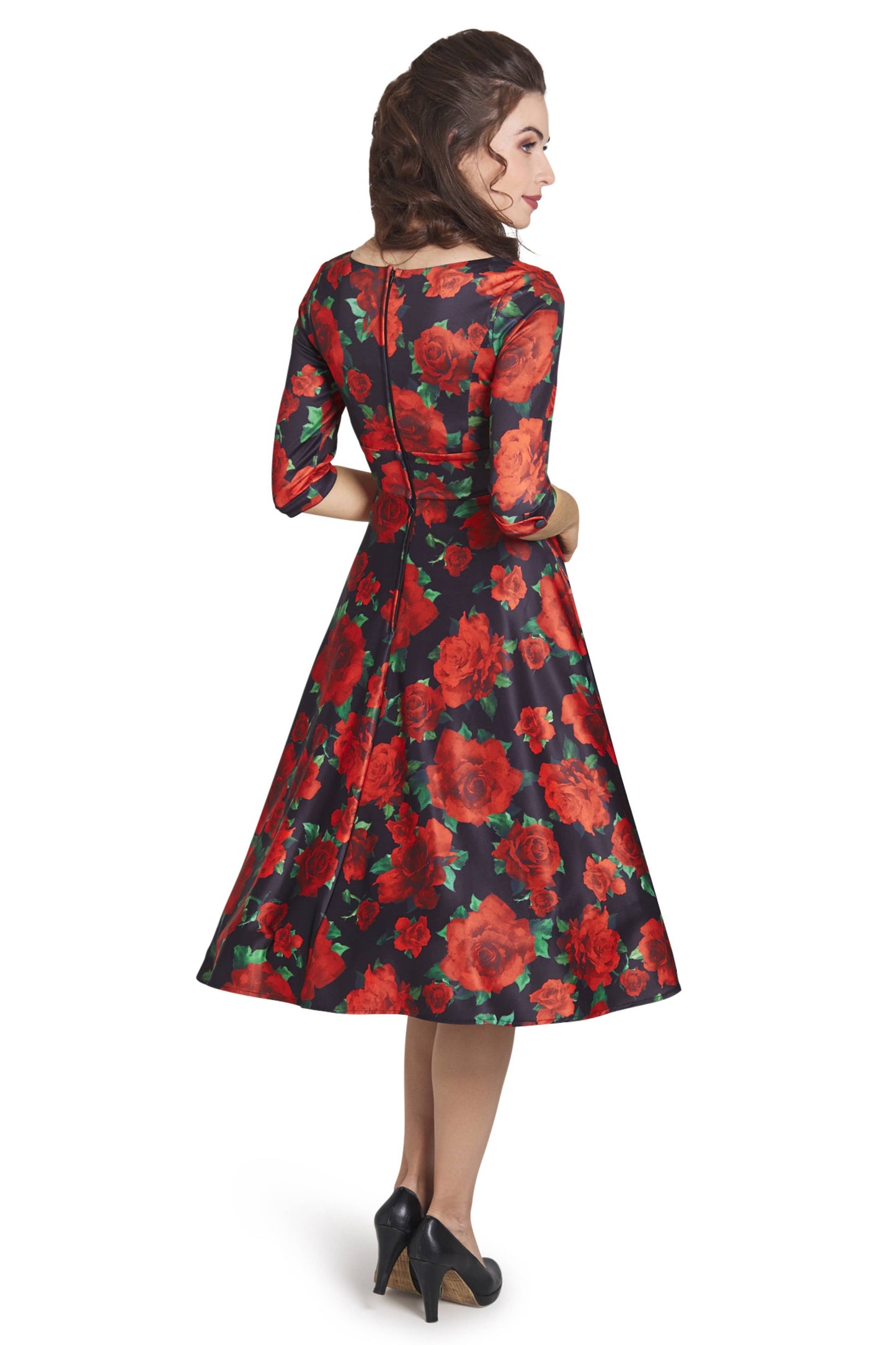 Debra Long Sleeves Stretchy Dress Black Red Rose Print