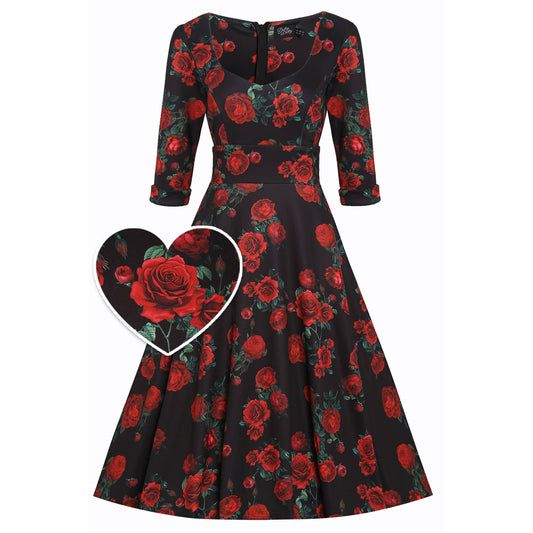 Debra Long Sleeves Stretchy Dress Black Red Rose Print