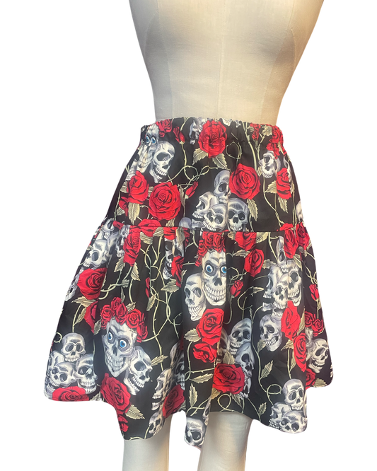 Skull and Roses Handmade 2 tier elasticated skirt Small- Medium