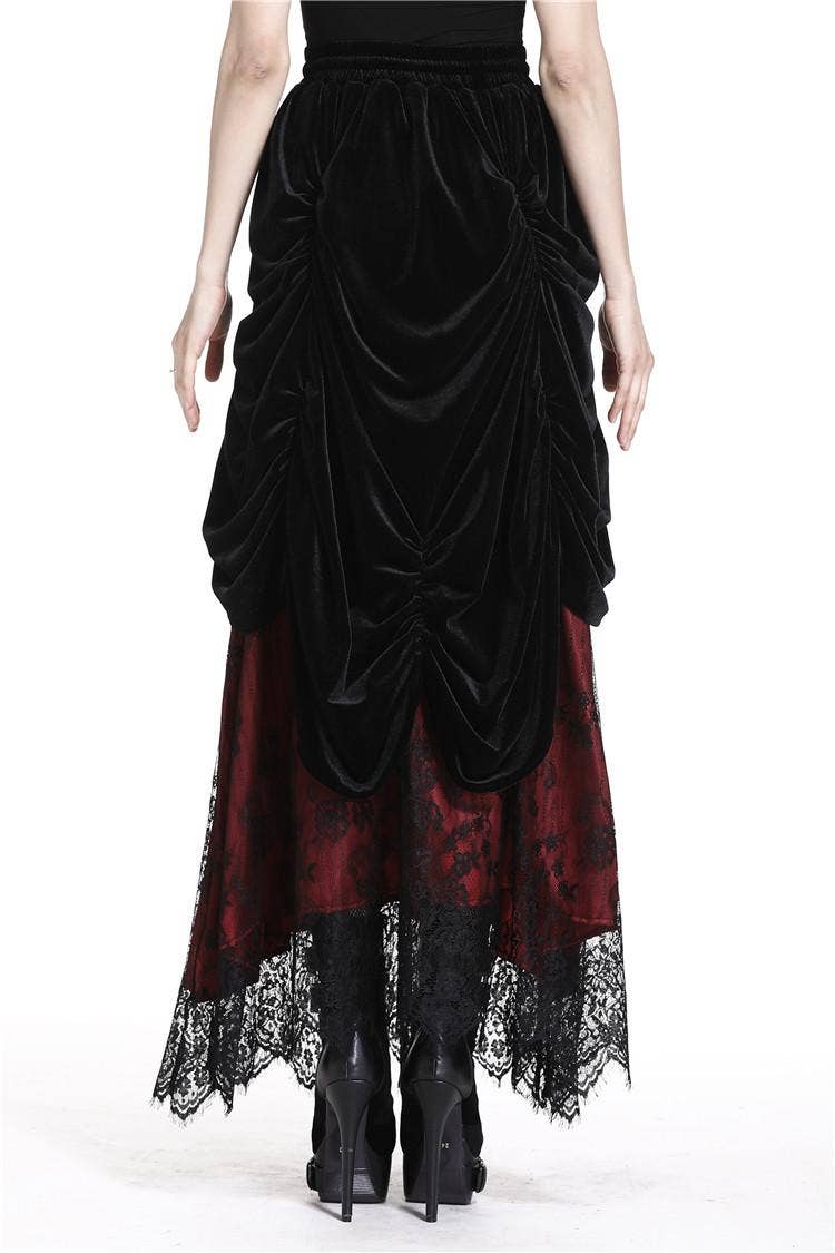 Dark In Love Arabella Red Maxi Skirt with Lace and Velvet