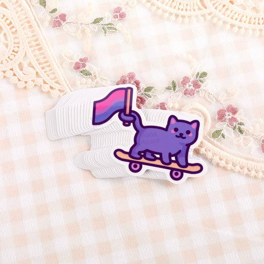 Bisexual Pride Sticker | Bi Flag Cat on Skateboard