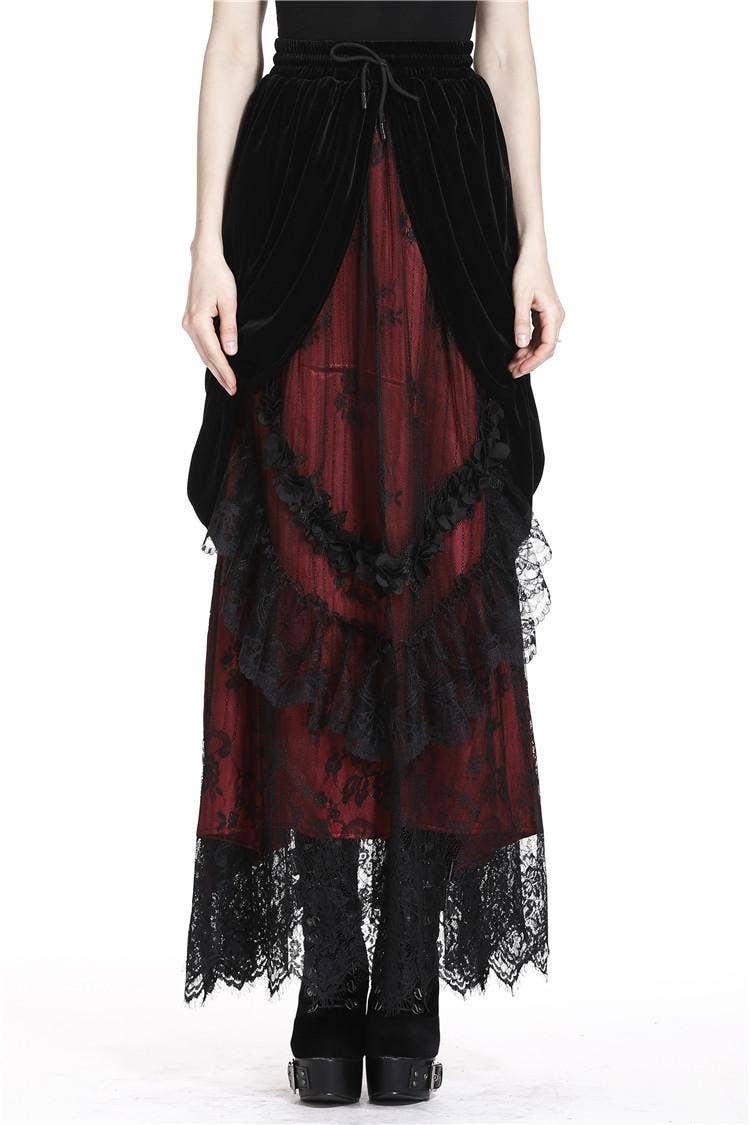 Dark In Love Arabella Red Maxi Skirt with Lace and Velvet