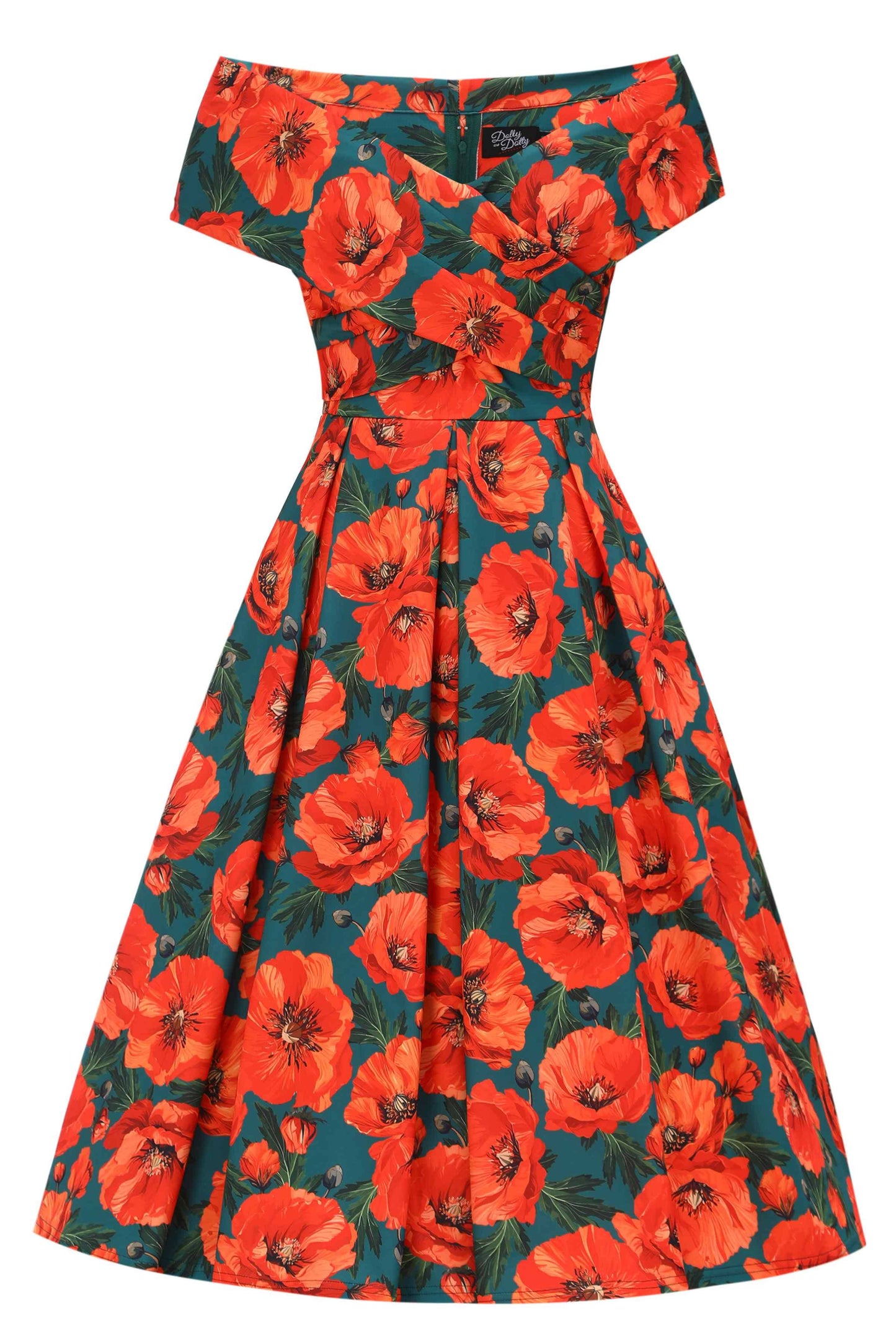 Beverly Green Cross-Over-Off-Shoulder Orange Poppies Dress