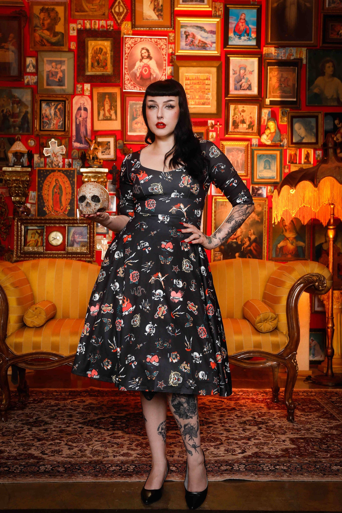 Debra Long Sleeves Stretchy Dress Black with Tattoo Print