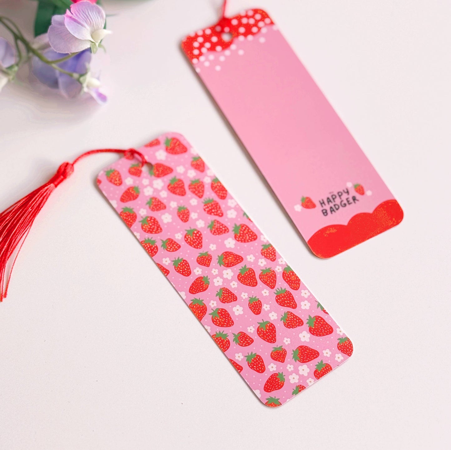 Strawberry Print Bookmark | Pink & Red Bookmark with Tassel