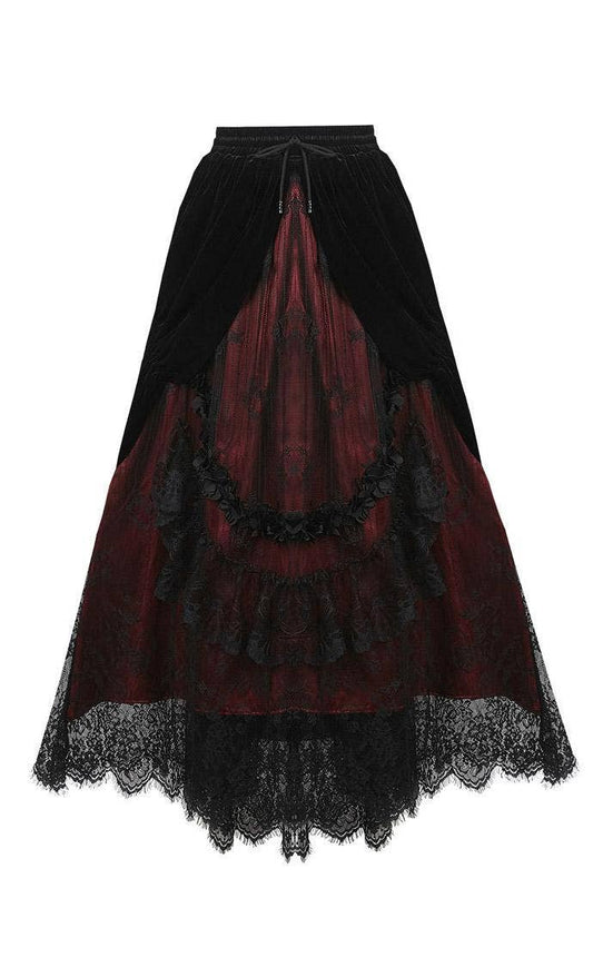 Dark In Love Arabella Red Maxi Skirt with Lace and Velvet