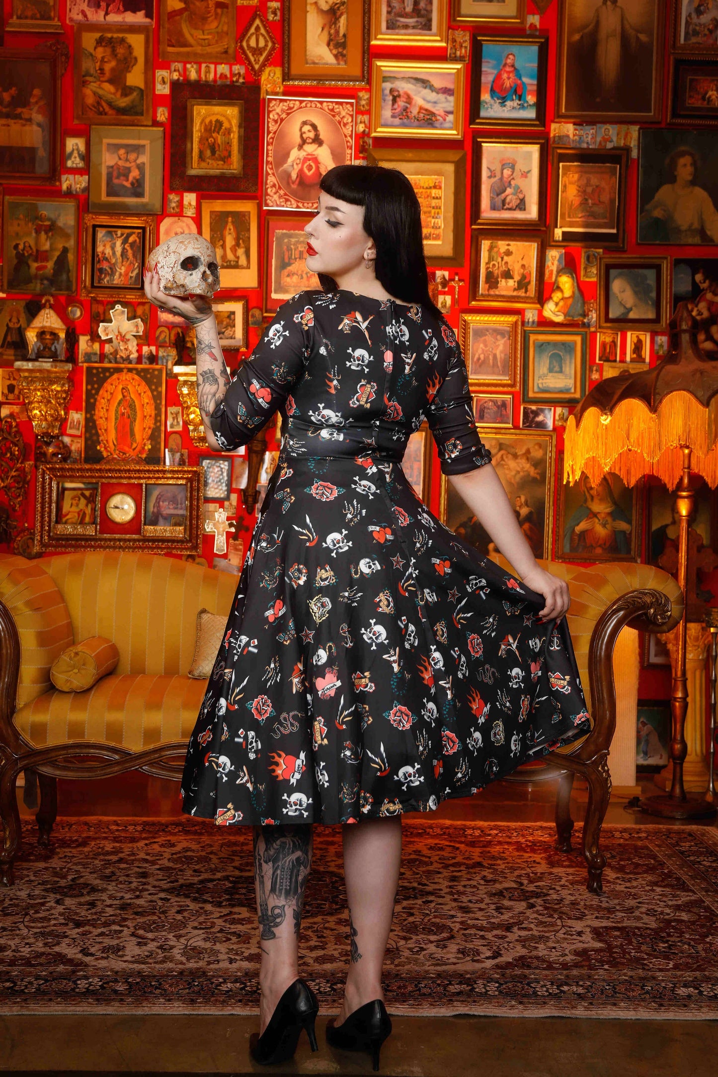 Debra Long Sleeves Stretchy Dress Black with Tattoo Print