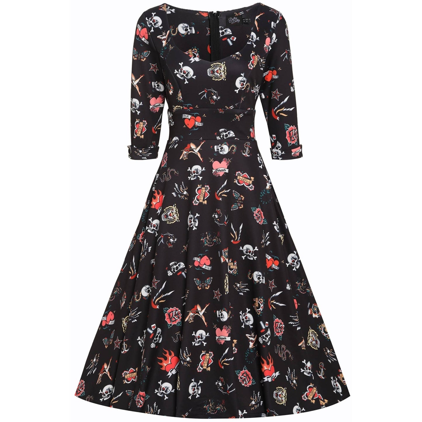 Debra Long Sleeves Stretchy Dress Black with Tattoo Print