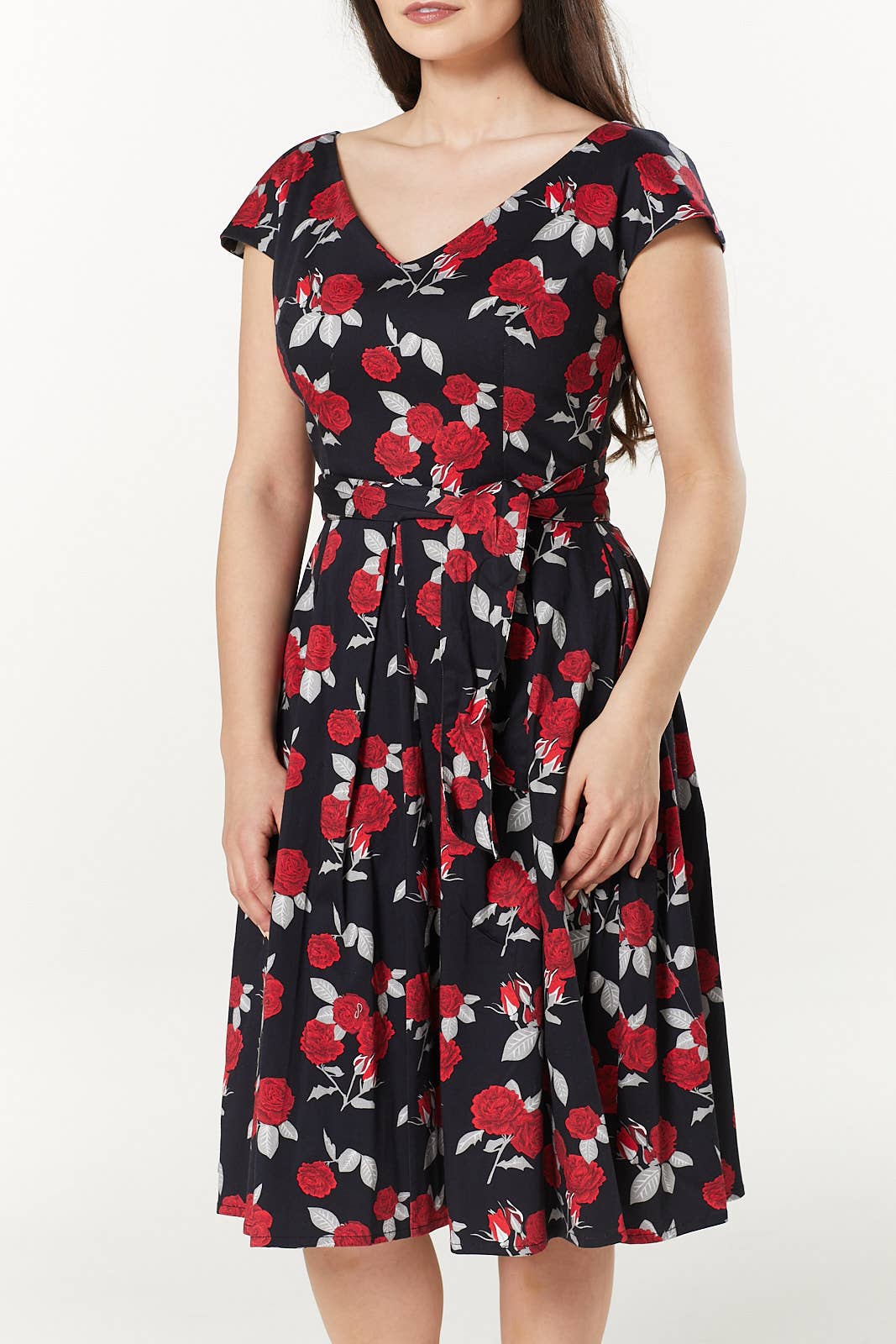 Gigi V Neck Fit and Flare Rose Print Dress Midi Swing Dress