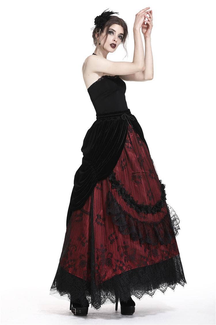 Dark In Love Arabella Red Maxi Skirt with Lace and Velvet