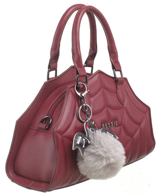 Quilted Spiderweb Bag with bat charm. Burgundy