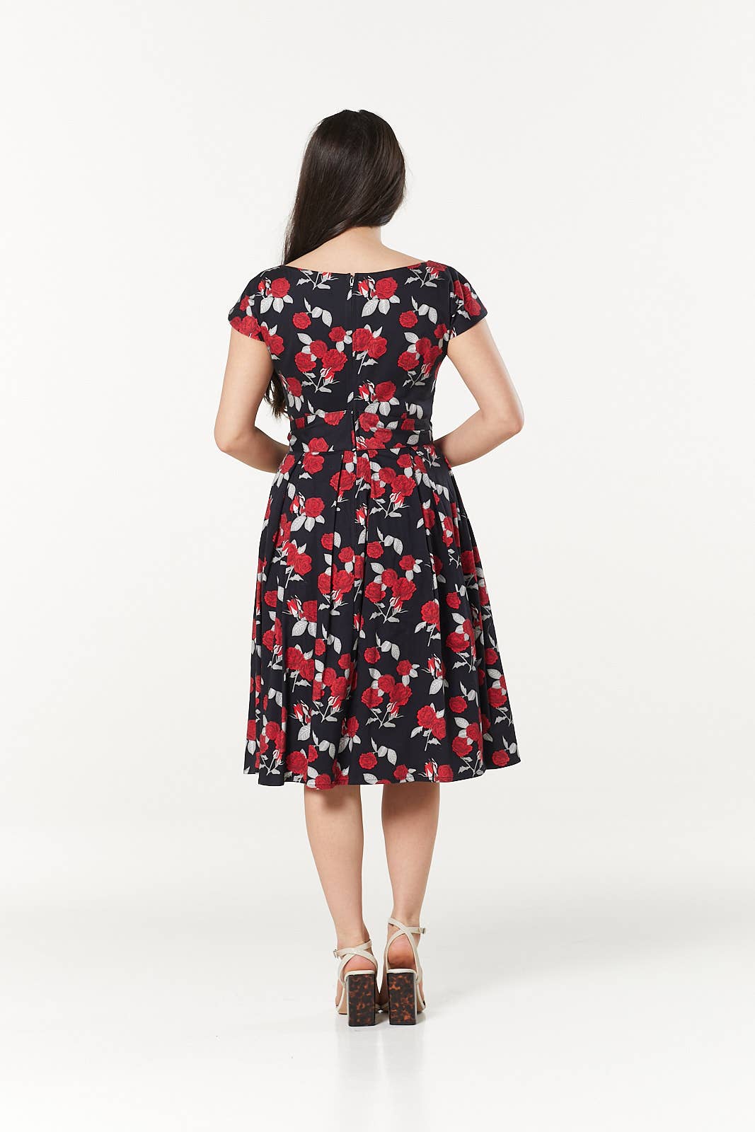 Gigi V Neck Fit and Flare Rose Print Dress Midi Swing Dress