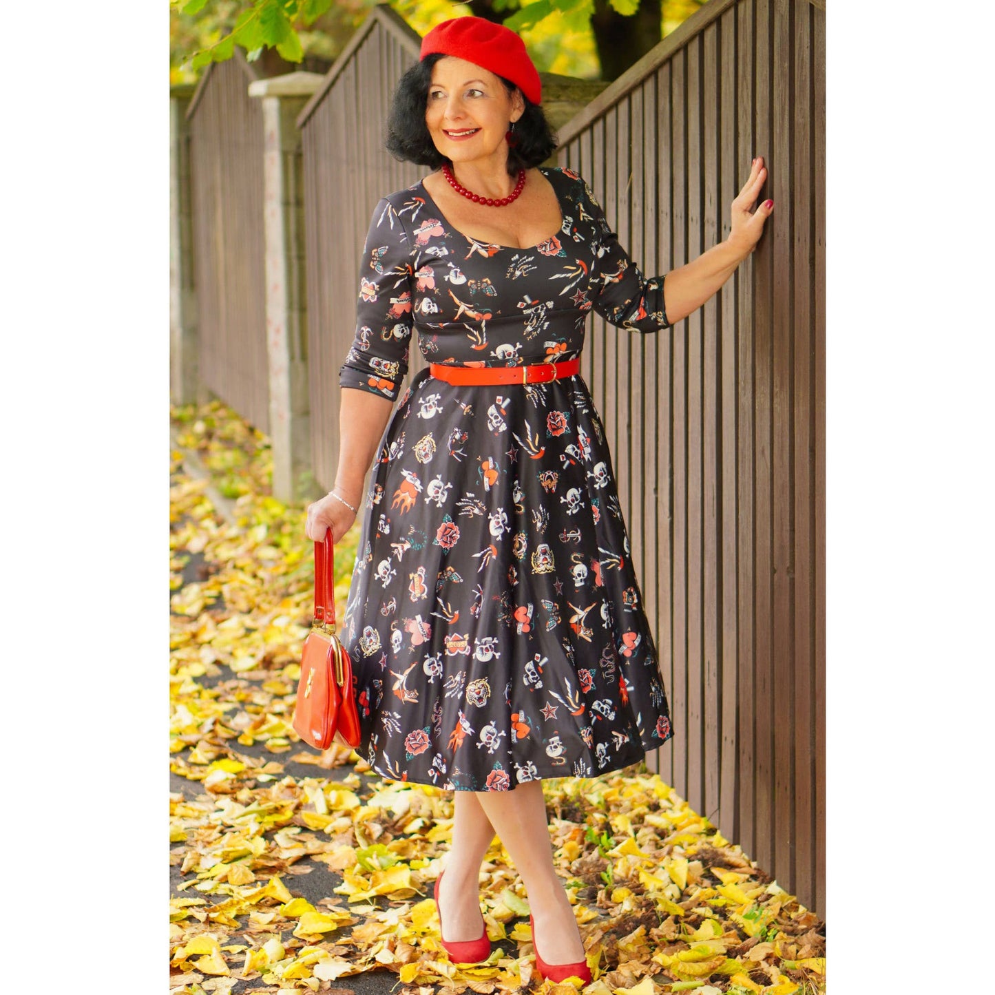 Debra Long Sleeves Stretchy Dress Black with Tattoo Print