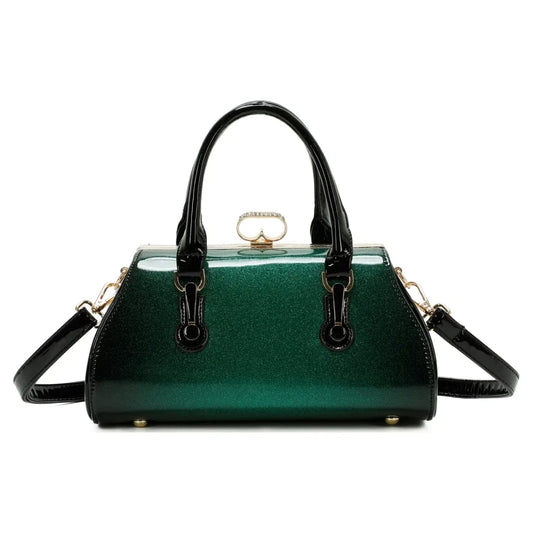 Green Two Toned Diamante Clasp Opening Patent Bag