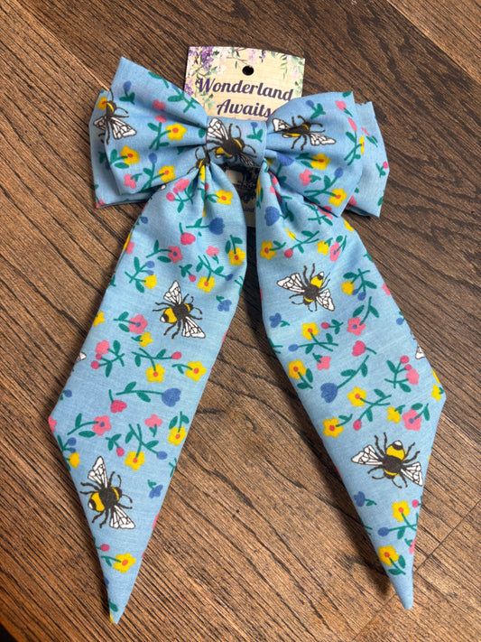 “Alice” Bow Hair Barrette in Blue Floral Bees
