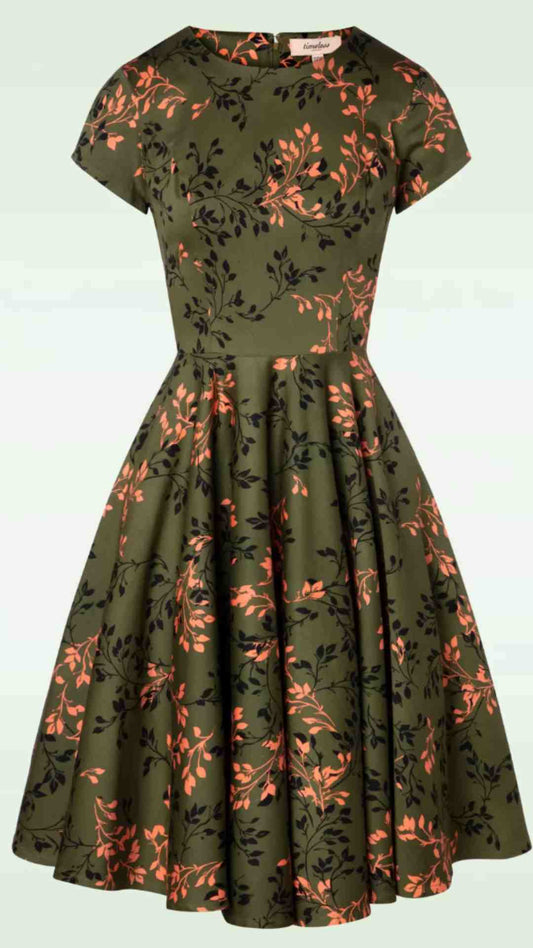 Leila Fit and Flare Green Print Swing Dress in Cotton Sateen