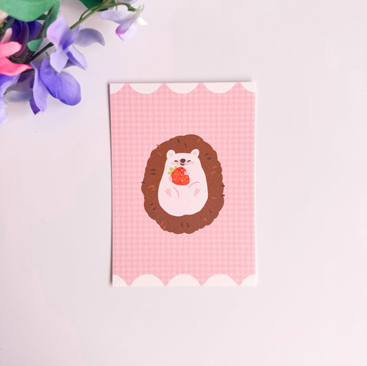 Cute Hedgehog Postcard | Pink Gingham Strawberry Postcard