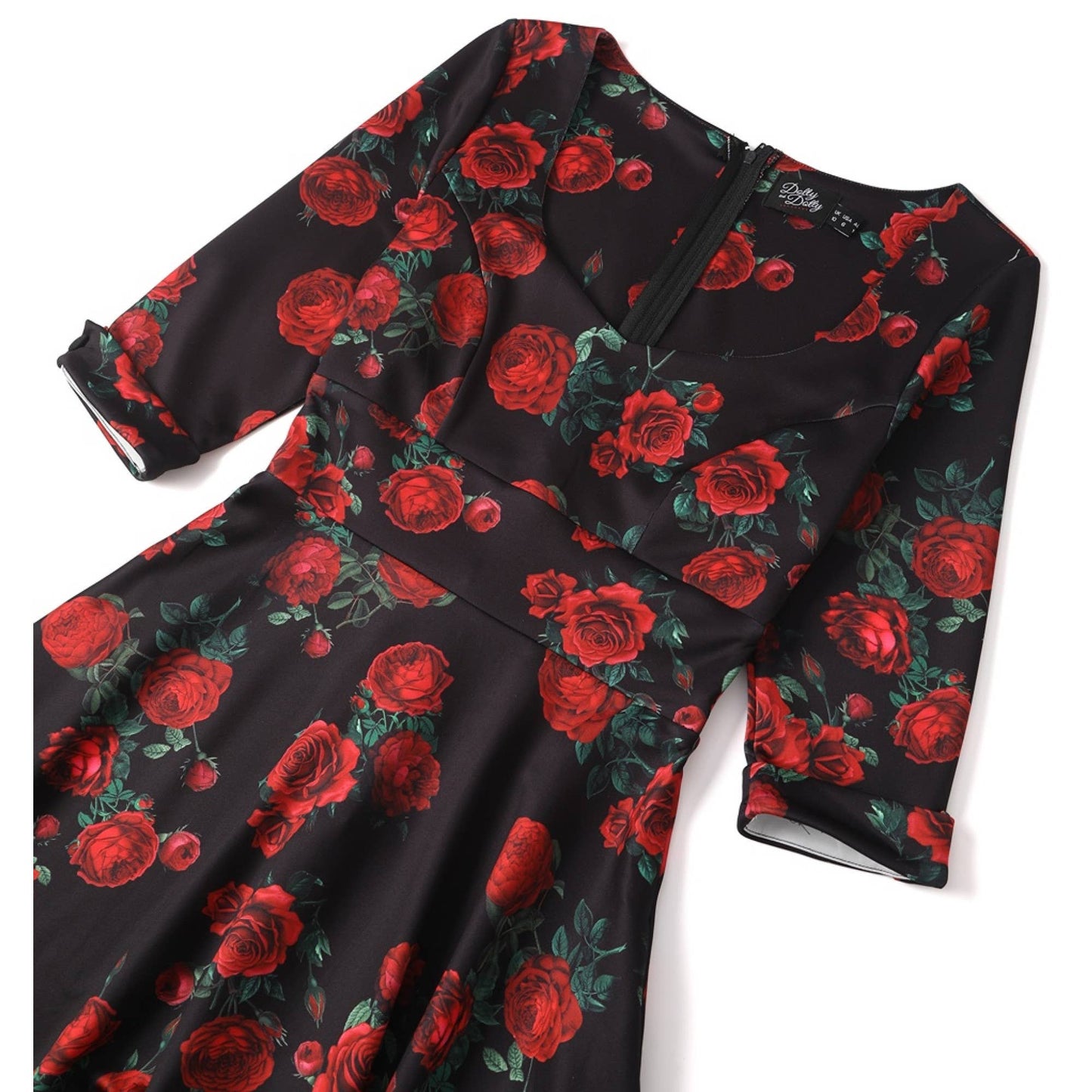 Debra Long Sleeves Stretchy Dress Black Red Rose Print
