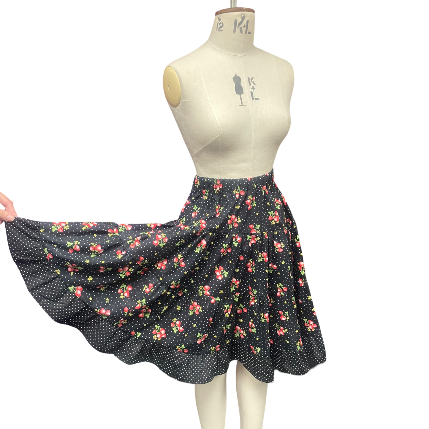 Strawberry Fields Skirt with polkadot trim.