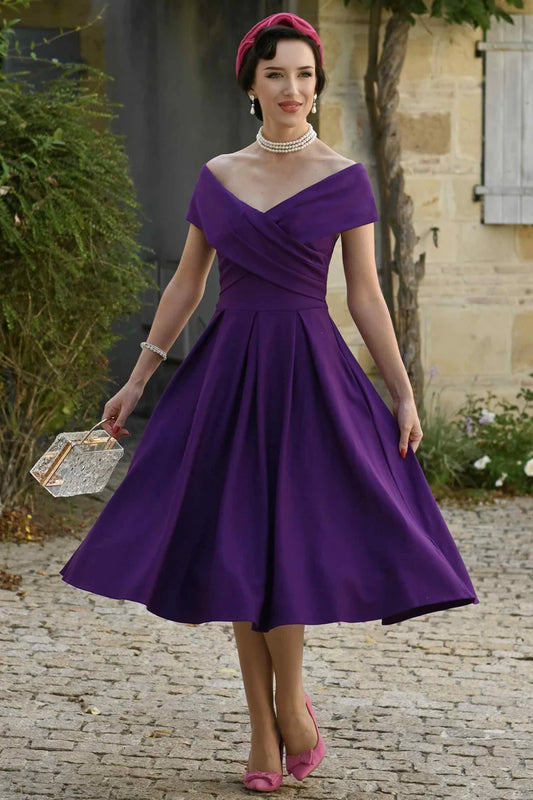 Beverly Purple Cross-Over-Off-Shoulder Midi Dress