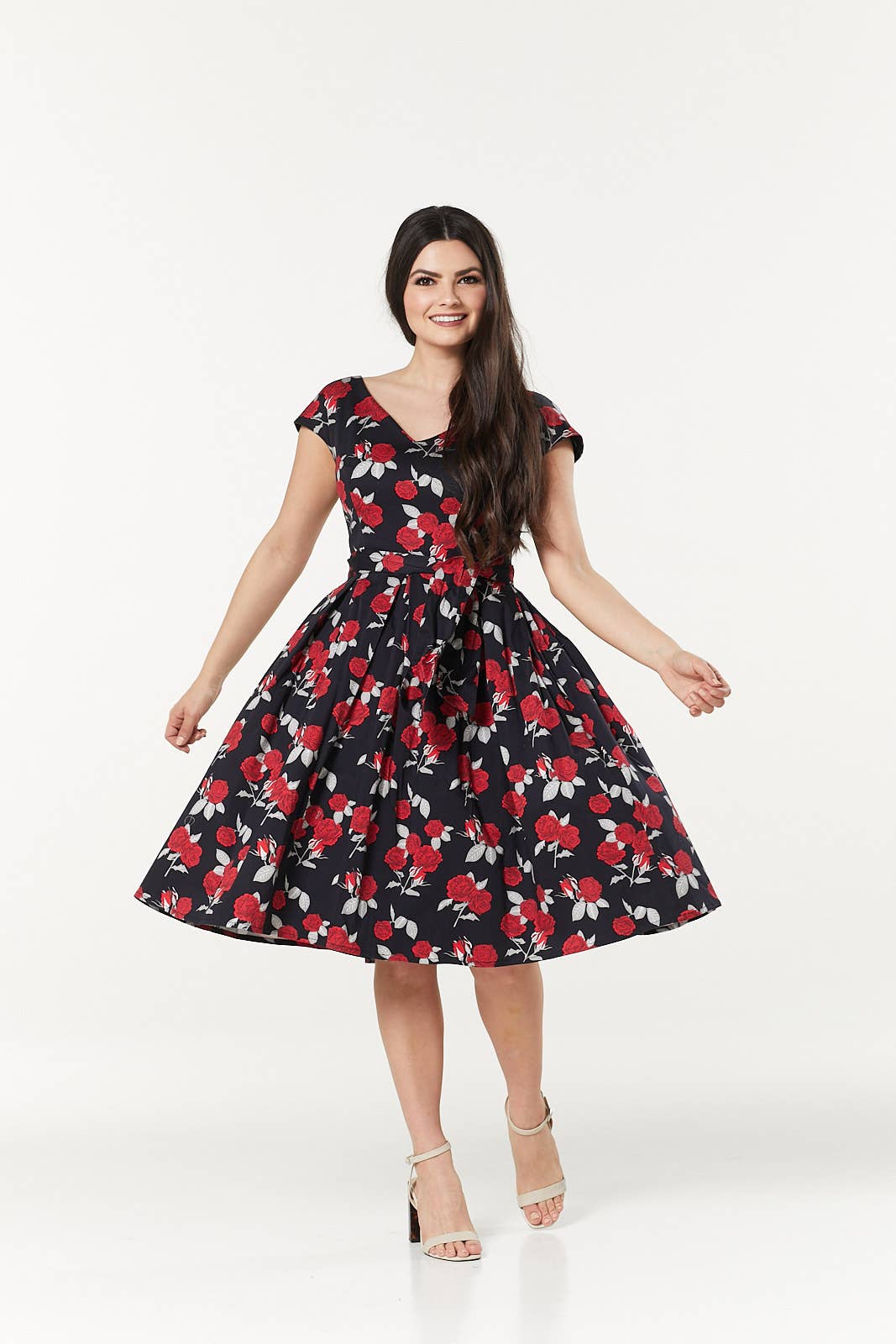 Gigi V Neck Fit and Flare Rose Print Dress Midi Swing Dress