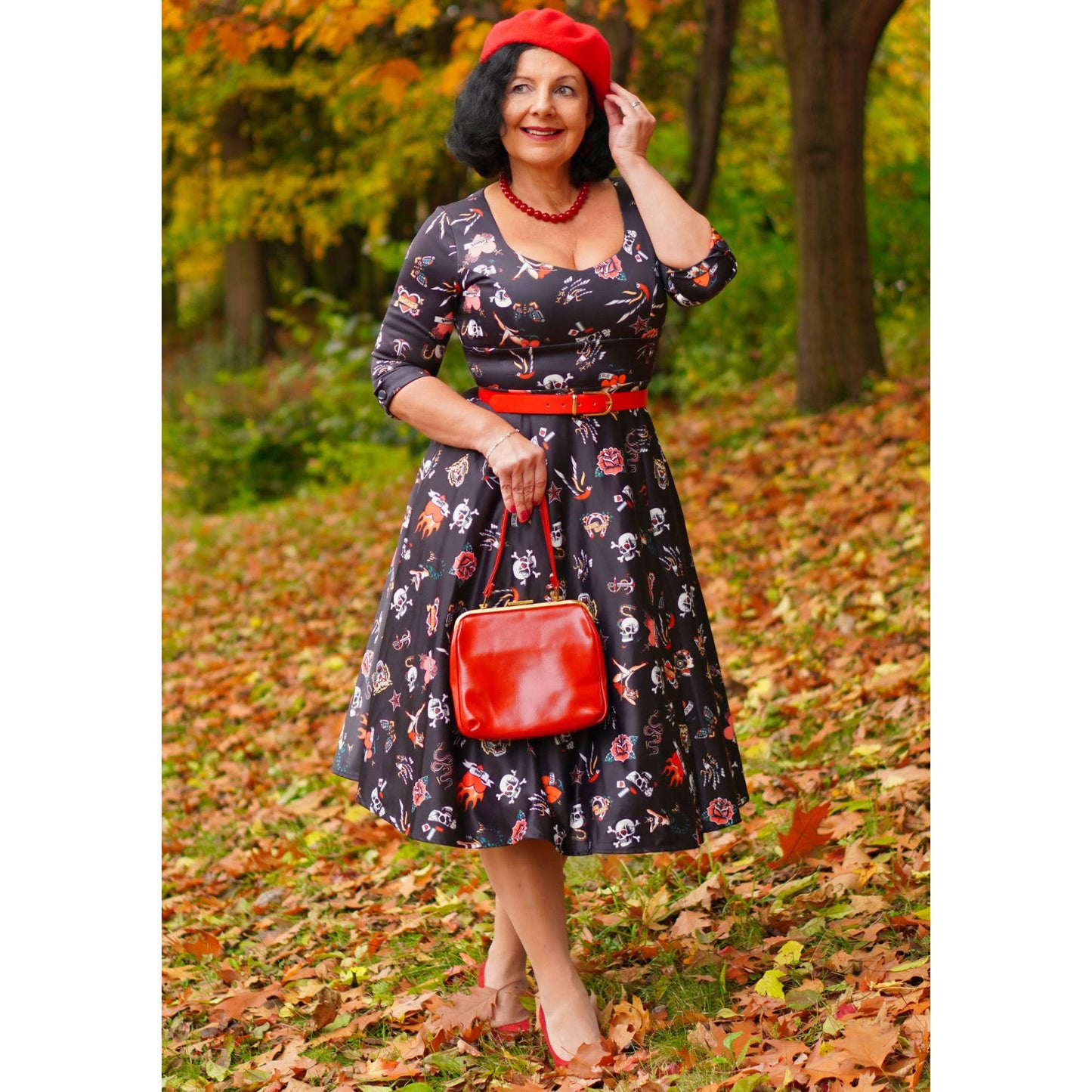 Debra Long Sleeves Stretchy Dress Black with Tattoo Print