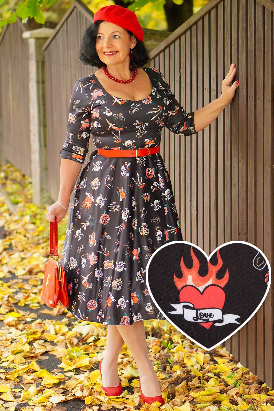 Debra Long Sleeves Stretchy Dress Black with Tattoo Print