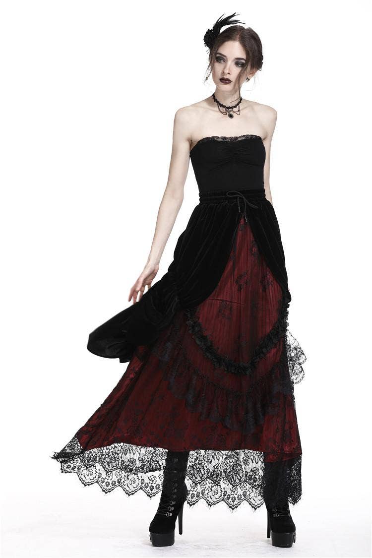 Dark In Love Arabella Red Maxi Skirt with Lace and Velvet