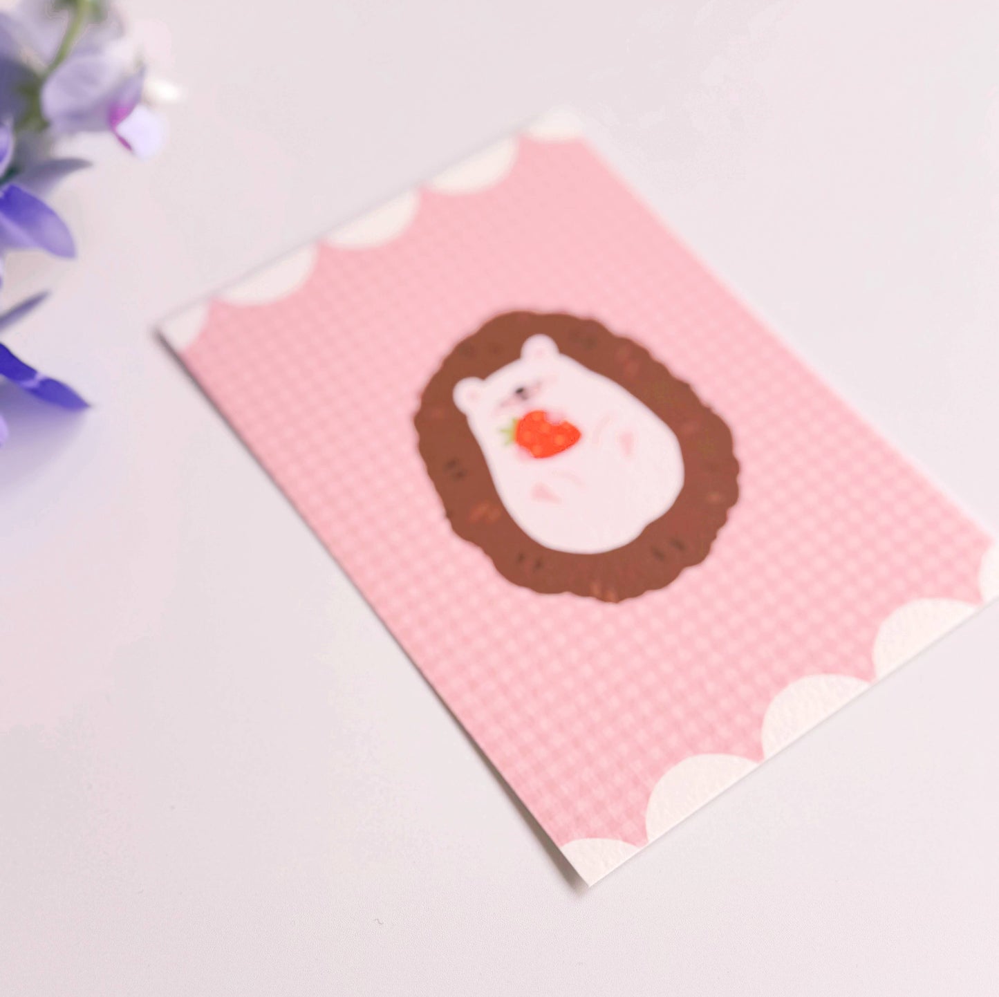 Cute Hedgehog Postcard | Pink Gingham Strawberry Postcard