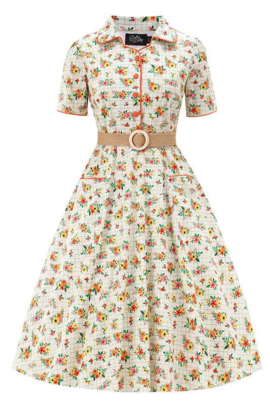 Penelope Cream Rockabilly Floral & Subtle Checkered Print Dress