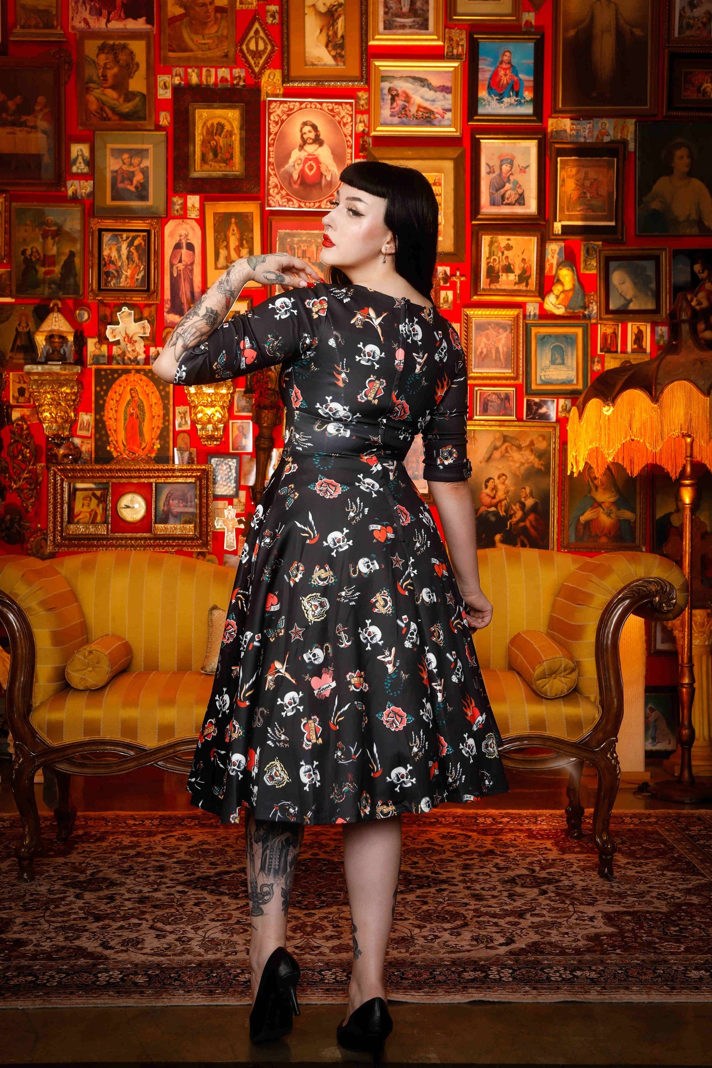 Debra Long Sleeves Stretchy Dress Black with Tattoo Print