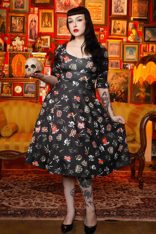 Debra Long Sleeves Stretchy Dress Black with Tattoo Print