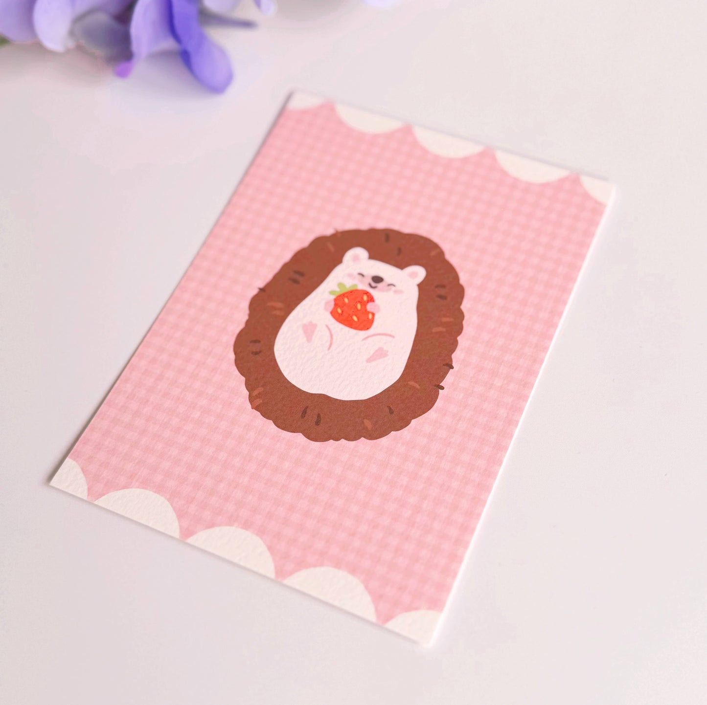Cute Hedgehog Postcard | Pink Gingham Strawberry Postcard