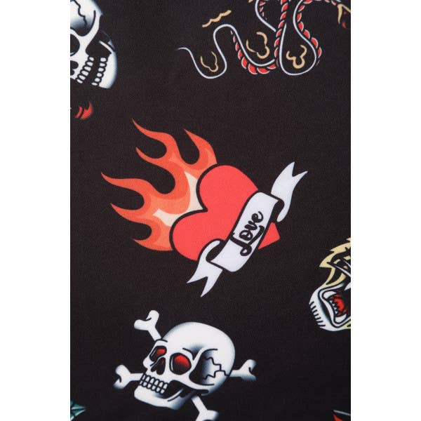 Debra Long Sleeves Stretchy Dress Black with Tattoo Print