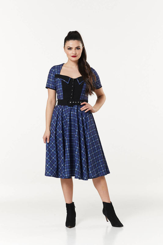 Dolly Midi Blue and Black Check Swing Dress wt short Sleeves