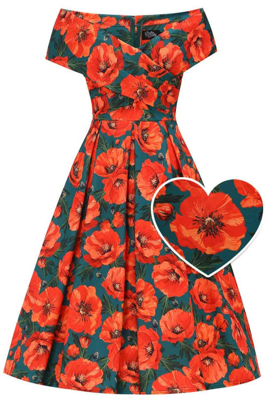 Beverly Green Cross-Over-Off-Shoulder Orange Poppies Dress