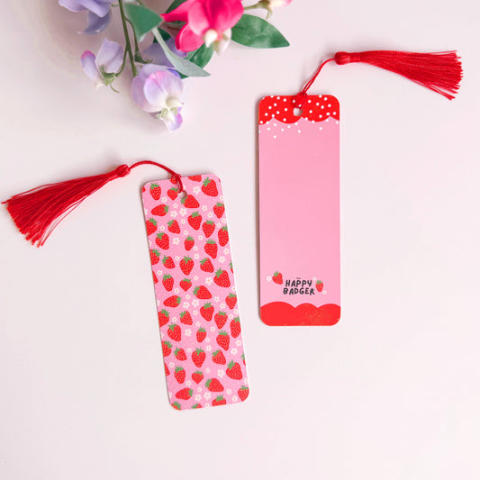 Strawberry Print Bookmark | Pink & Red Bookmark with Tassel