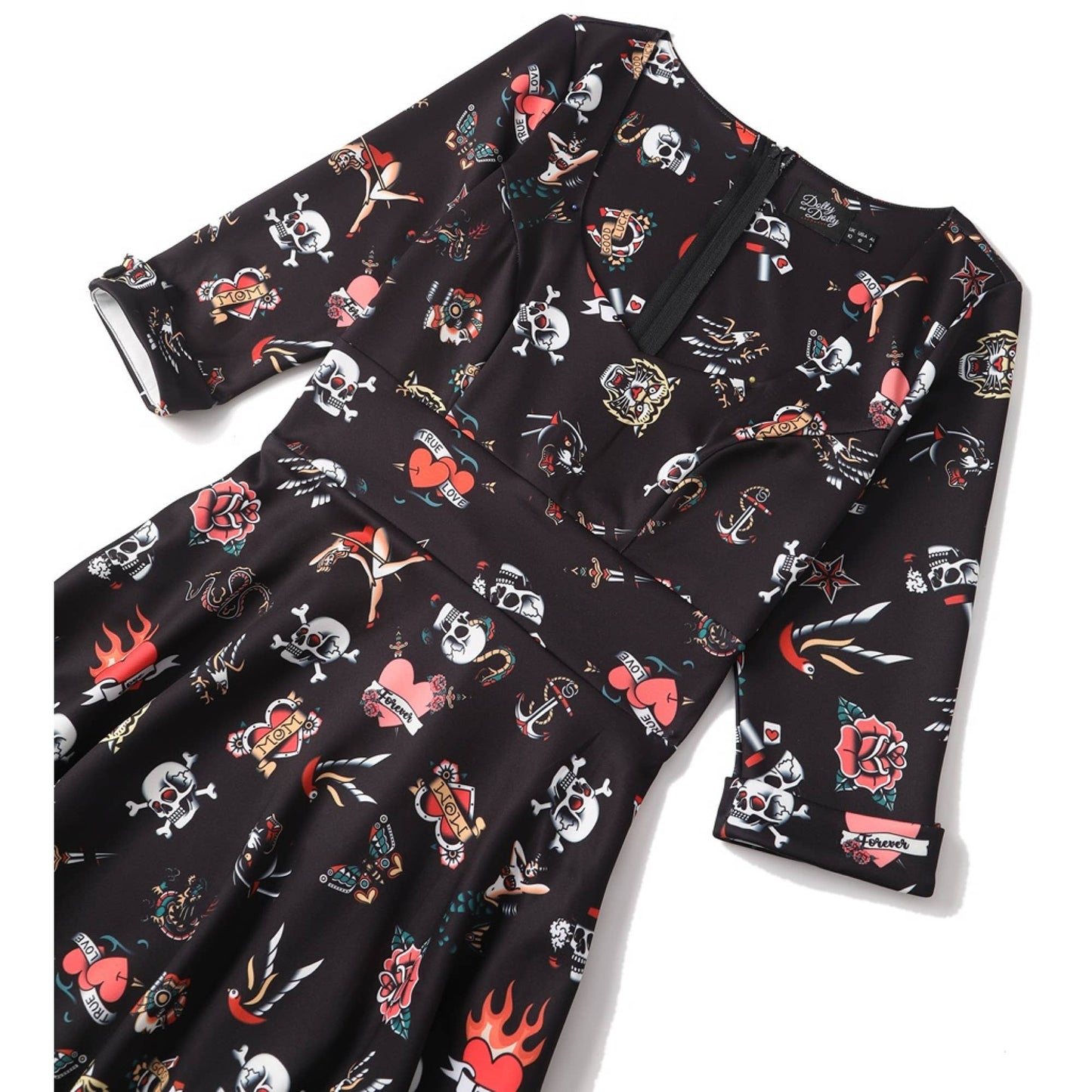 Debra Long Sleeves Stretchy Dress Black with Tattoo Print