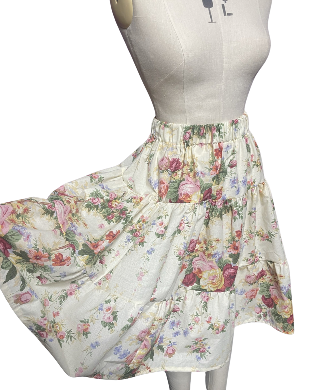 English Rose Vintage fabric Tiered Skirt. One of a kind.