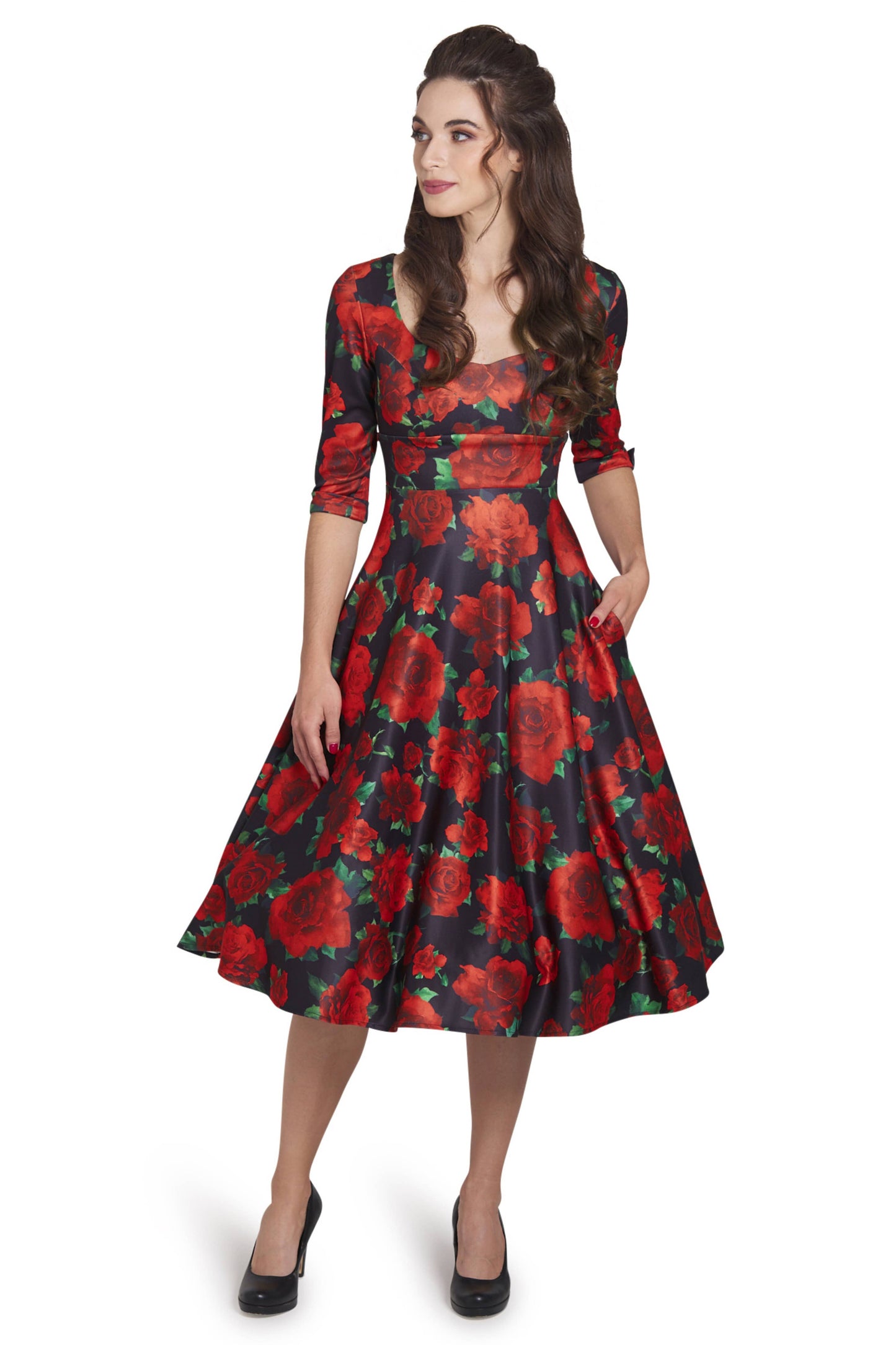 Debra Long Sleeves Stretchy Dress Black Red Rose Print