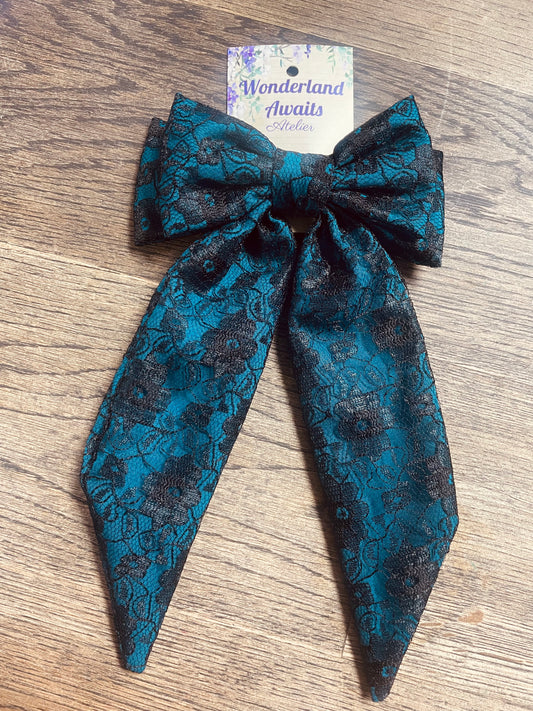 “Alice” Bow Hair Barrette in Teal with black lace