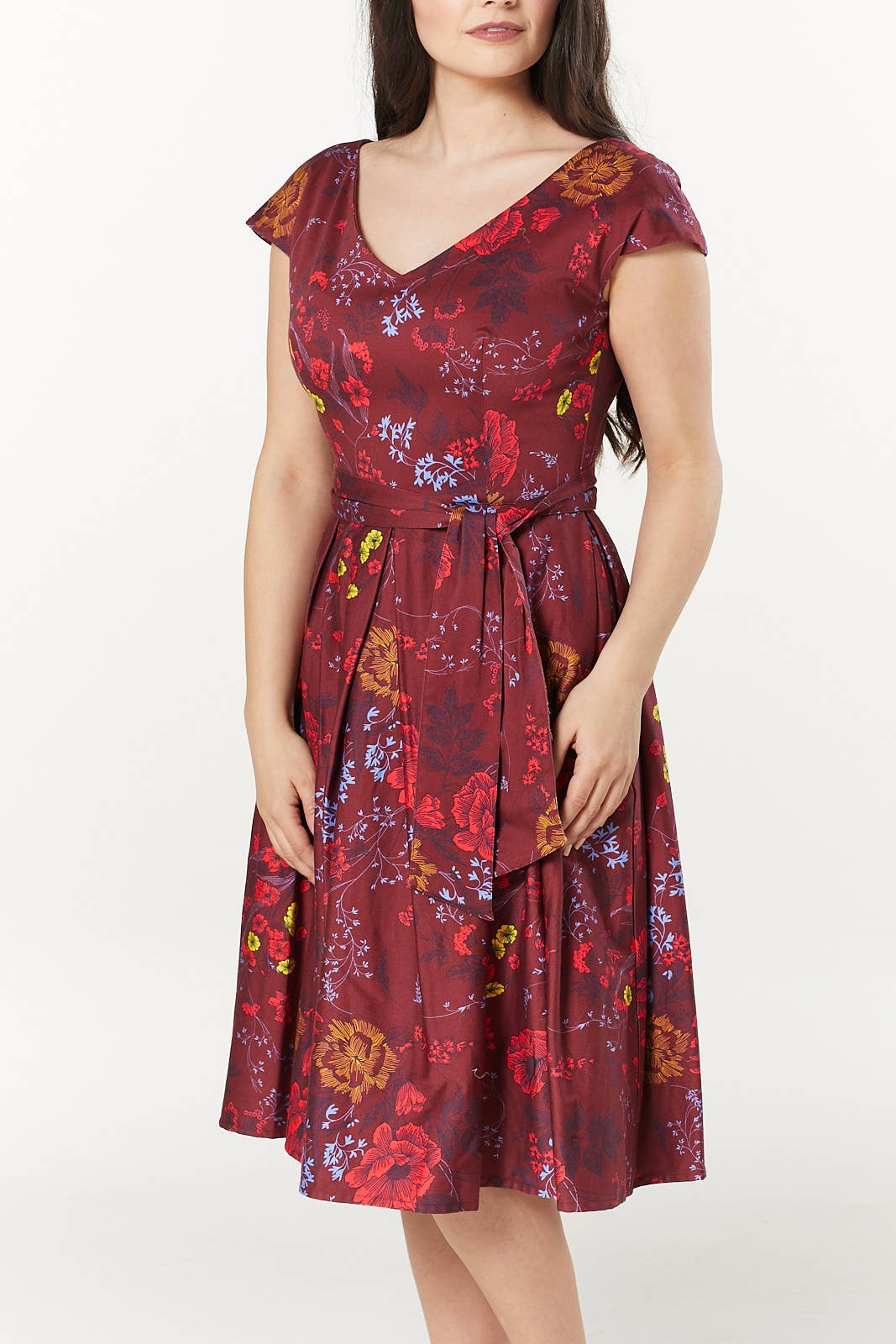 Teagan V Neck, Midi Floral Fit&Flare Dress in Cotton Sateen