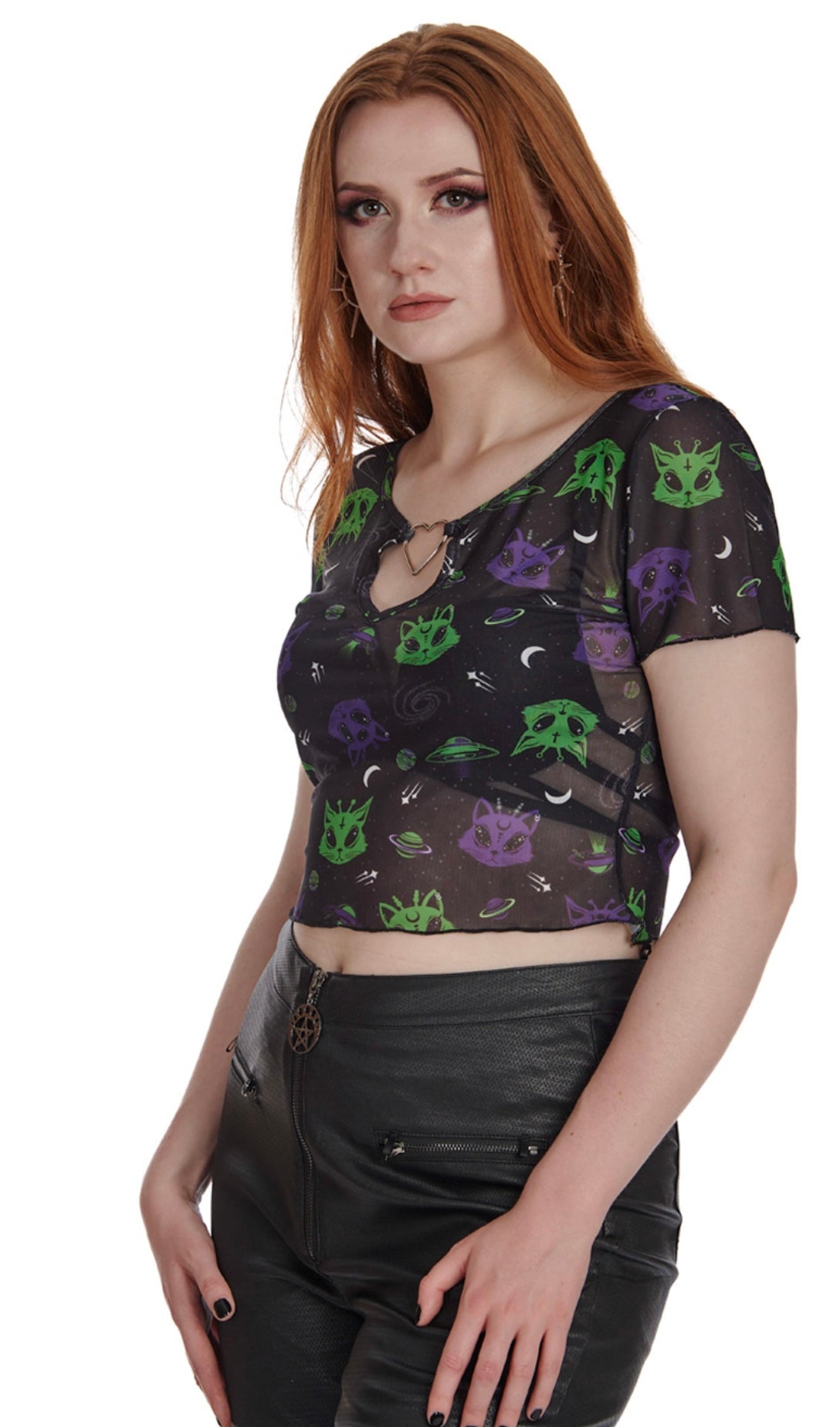 Alien Space Cat cut out mesh top