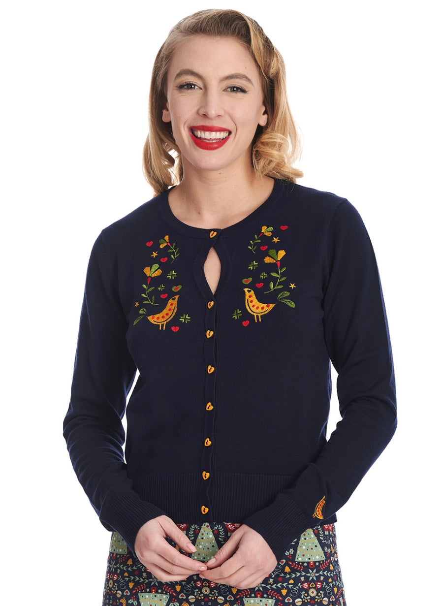 Birdy Embroidered Cardigan Navy