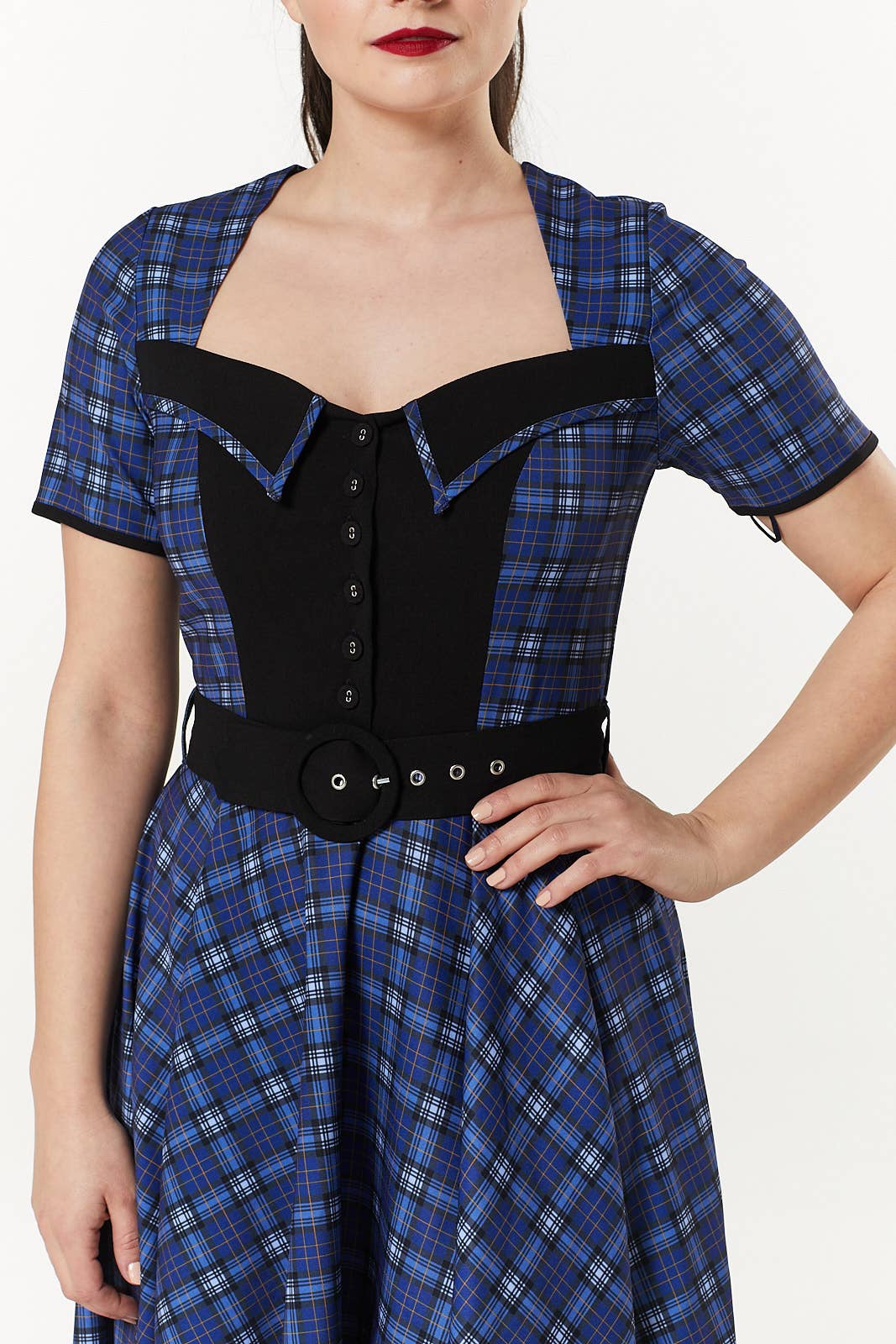 Dolly Midi Blue and Black Check Swing Dress wt short Sleeves