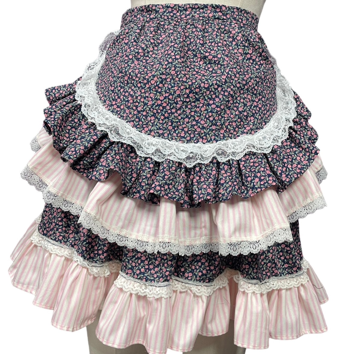 Tie-on Ruffle Bustle in Navy ditsy floral & Pink candy stripes & trimmed with vintage Lace